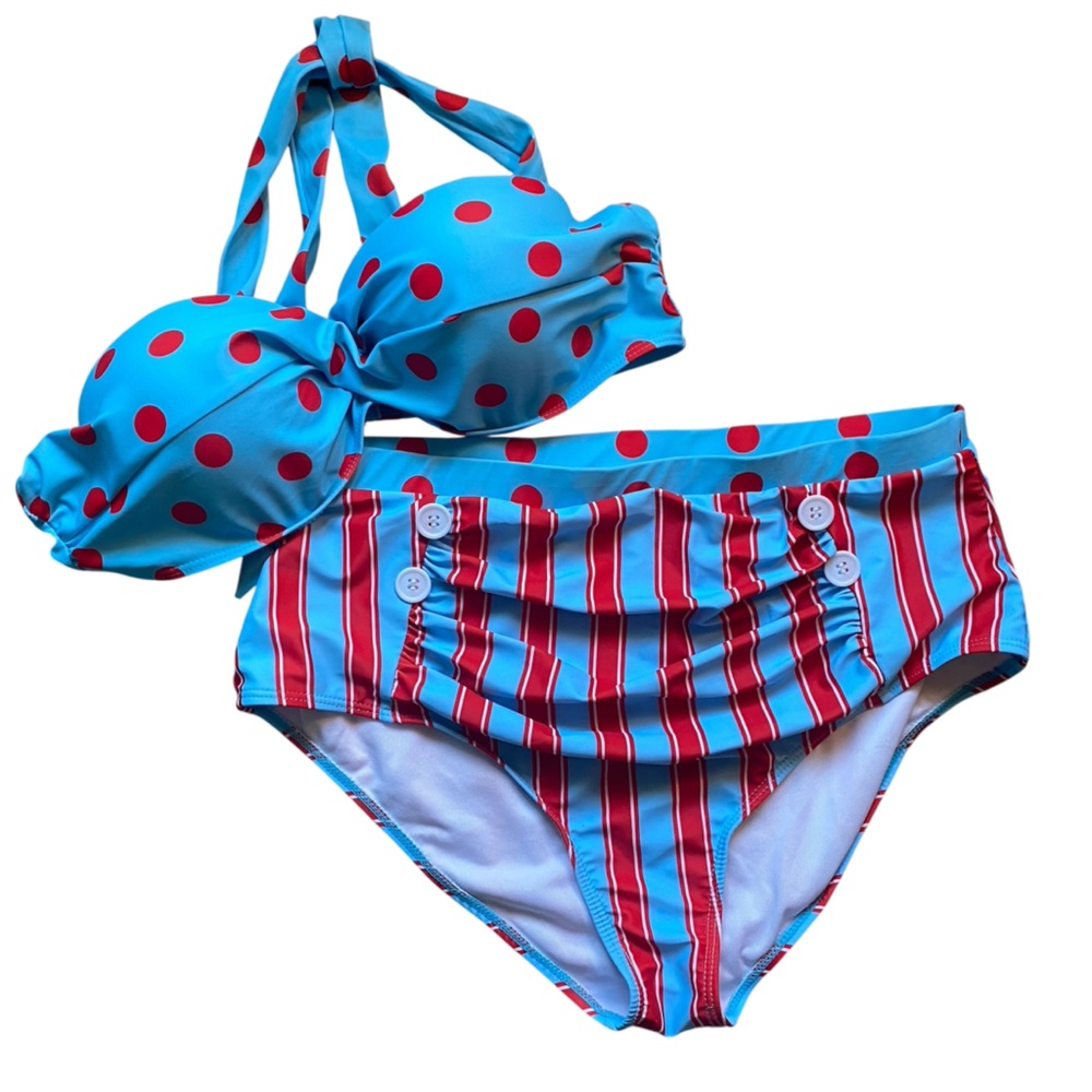 Blue and Red Polka Dot Bikini Set